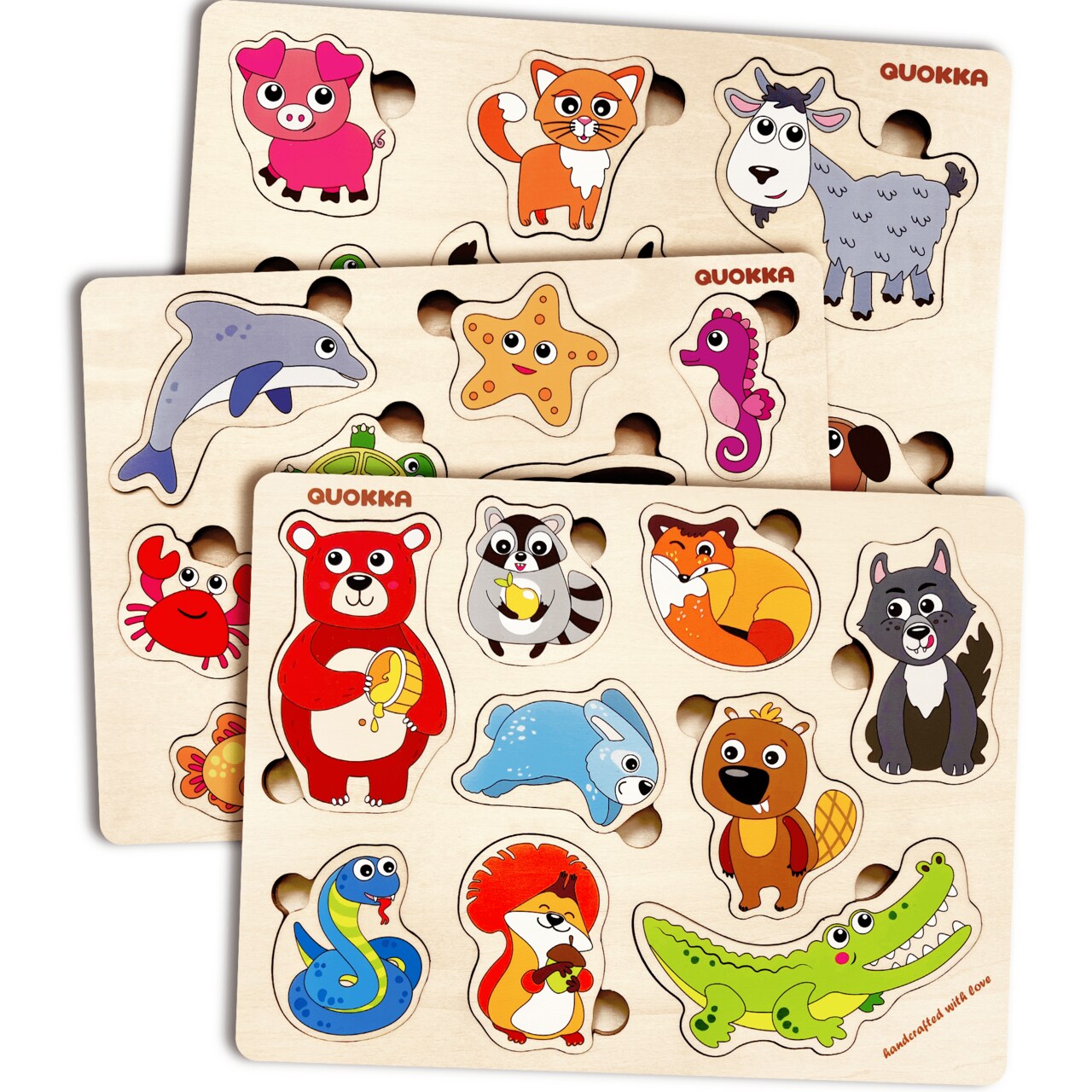 QUOKKA Wooden Puzzles for Toddlers Ages 1-3-5 – Animal Peg Puzzles for Kids 2-4 Years Old – Set of 3 Wood Learning Travel Toys for Children – Gift Educational Game for Boys and Girls